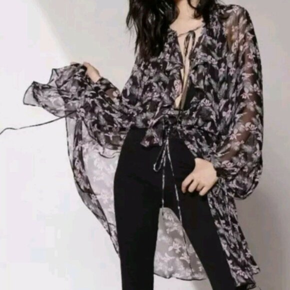 Victoria's Secret Chiffon Kimono Robe Duster Sheer Black Floral Size XS/S NWT - Picture 1 of 8